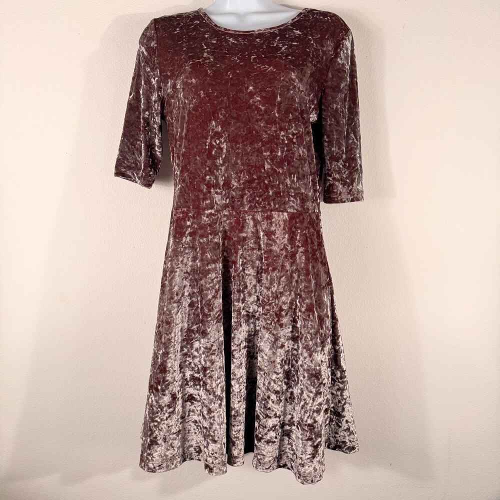 Topshop Burgundy Crushed Velvet Mini Skater Dress Cutout Back US 8